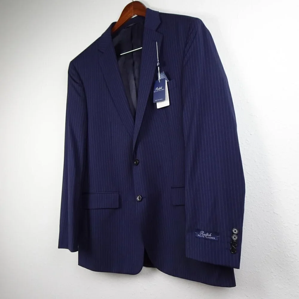 Ralph Lauren Blazer Men's 44L Long Wool Classic-Fit Suit Jacket Blue Pinstripe